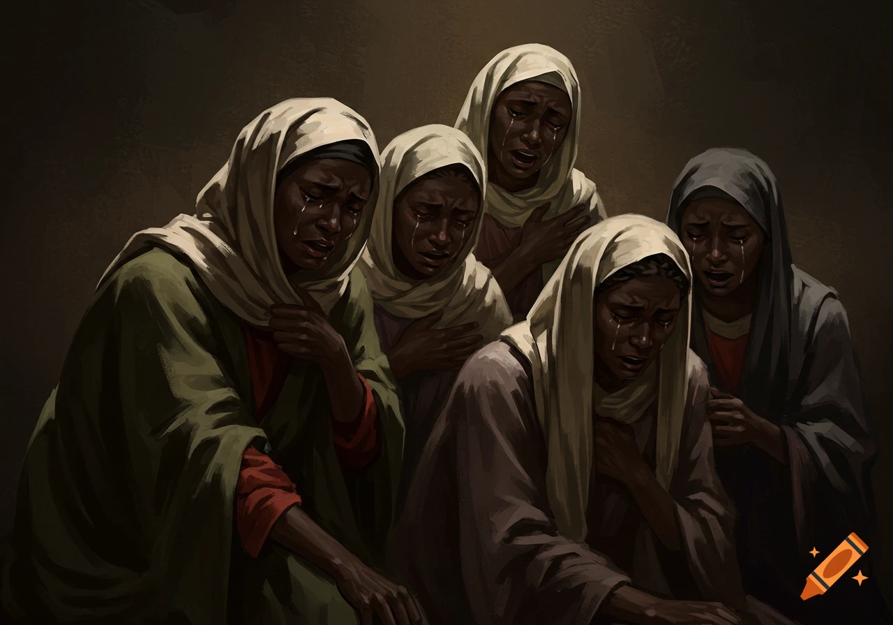 Digital painting of several dark-skinned women in head coverings crying in a group.