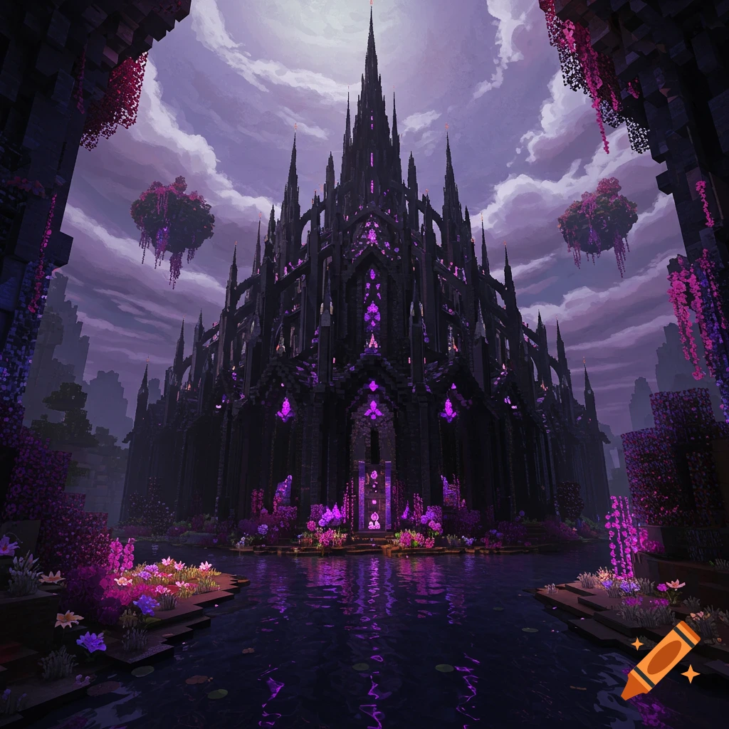 Pixel art fantasy castle by a lake at night, in a dark purple landscape