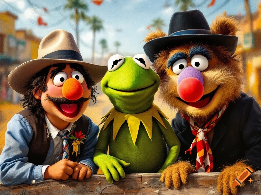 Muppet characters dressed as the Three Amigos standing behind a wooden rail.