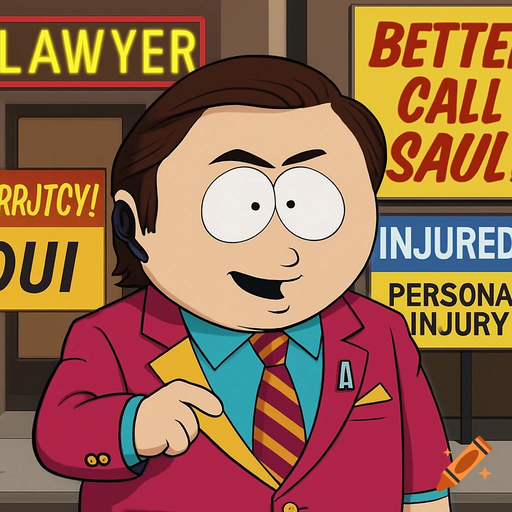 South Park style cartoon of Cartman dressed as Saul Goodman in front of law office signs.