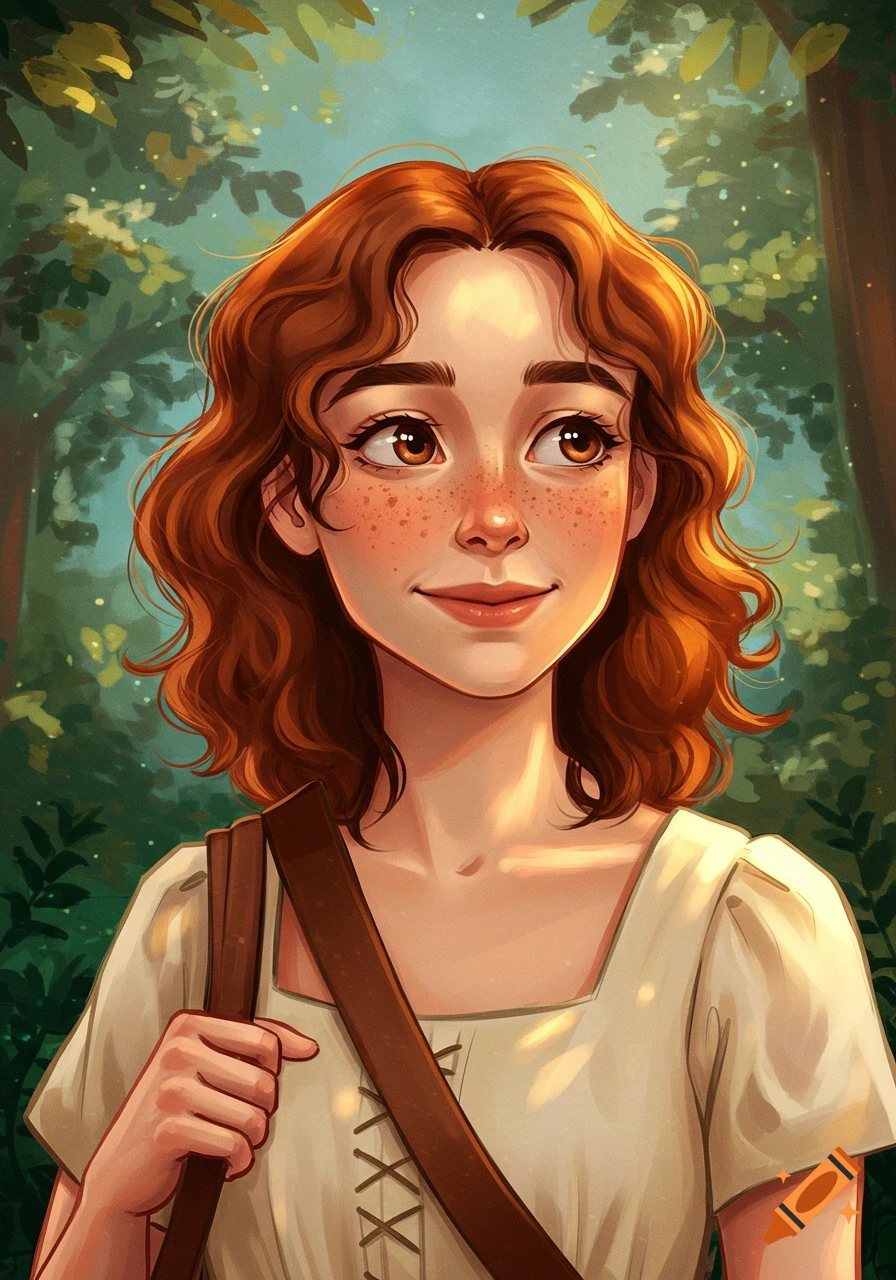 Stylized illustration of a young woman with red hair, freckles, and satchel in a sunlit forest.