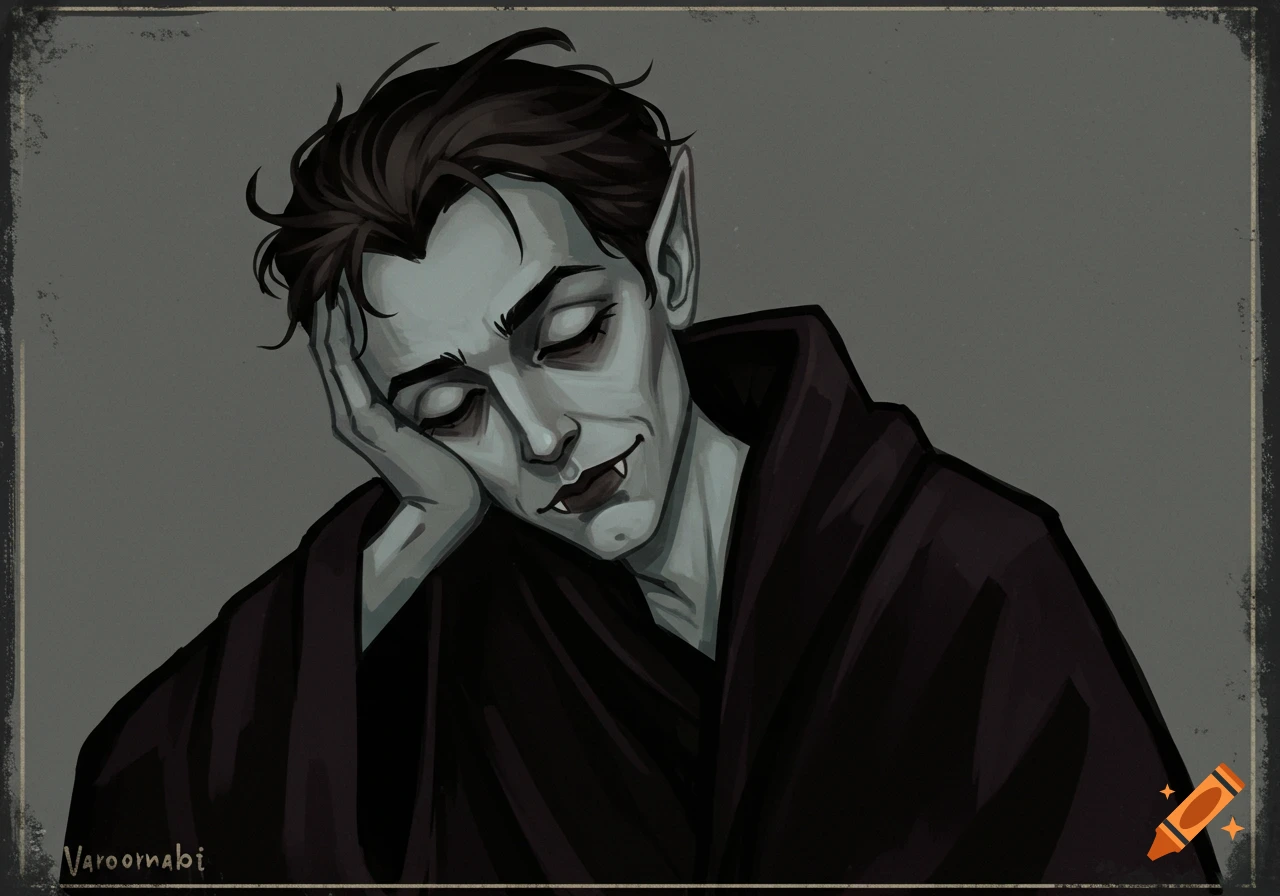 Illustration of a sleepy vampire resting his head on his hand. on Craiyon