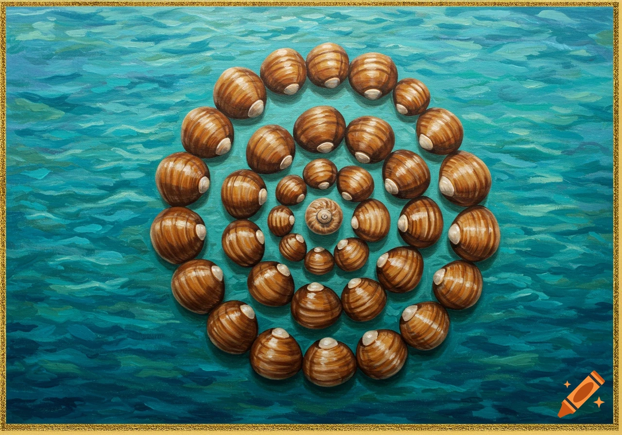 Painting of brown seashells arranged in a spiral on a blue and green water background.