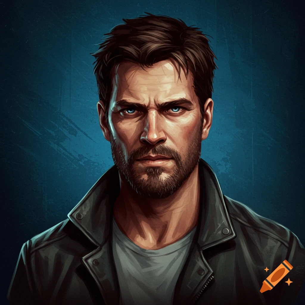 Digital art portrait of a man with blue eyes and beard wearing a leather jacket.