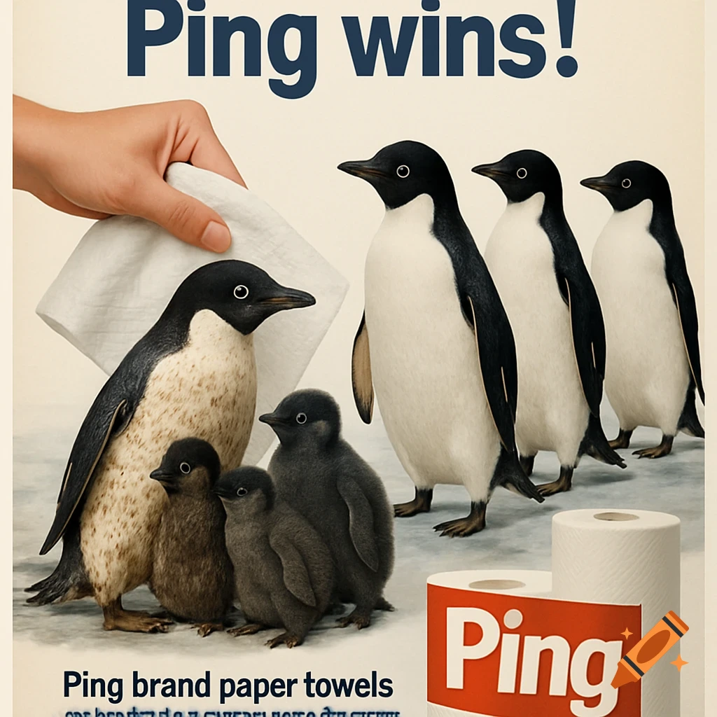 A hand wipes a penguin with a paper towel as other penguins stand by two rolls of Ping paper towels.