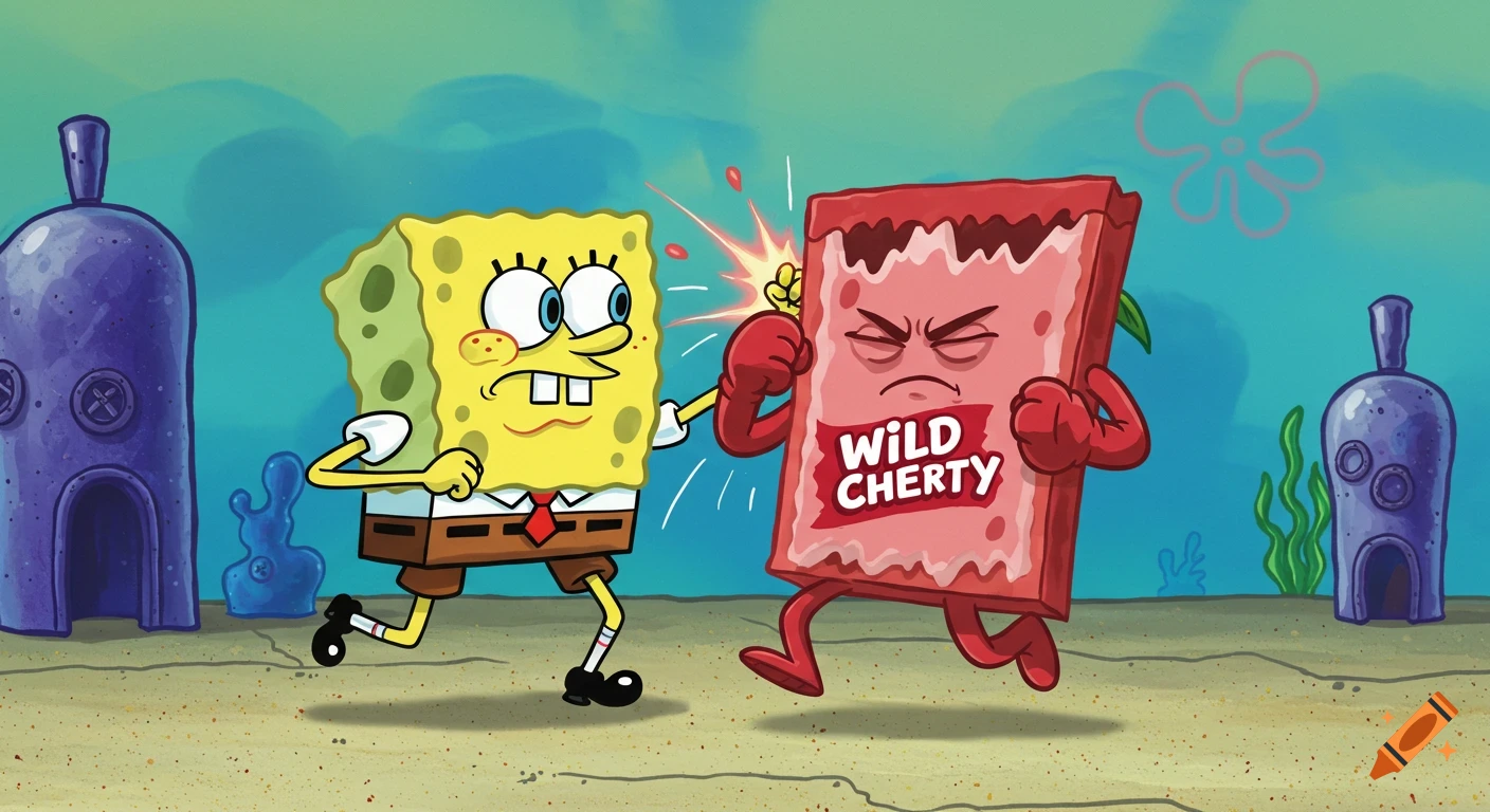 Spongebob Squarepants punches a red cartoon pop tart labeled 'WILD CHERTY' in an underwater scene.