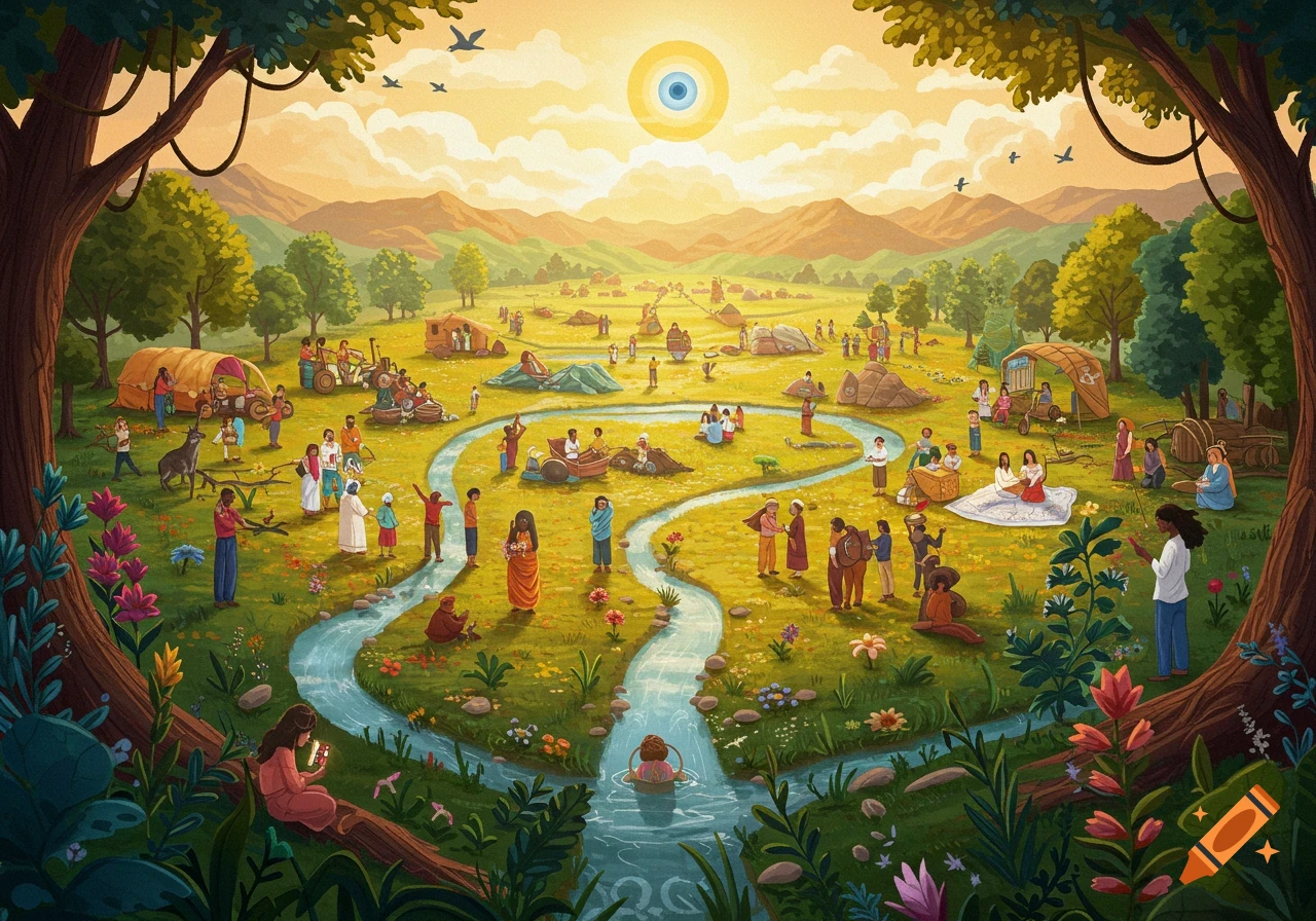 A vibrant, detailed illustration of a utopian landscape with a large gathering of diverse people along a winding river, under a sun with an eye symbol.