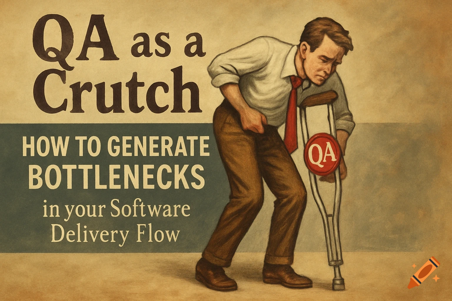 Illustration of a man on a crutch with text 'QA as a Crutch - How to Generate Bottlenecks in your Software Delivery Flow'.