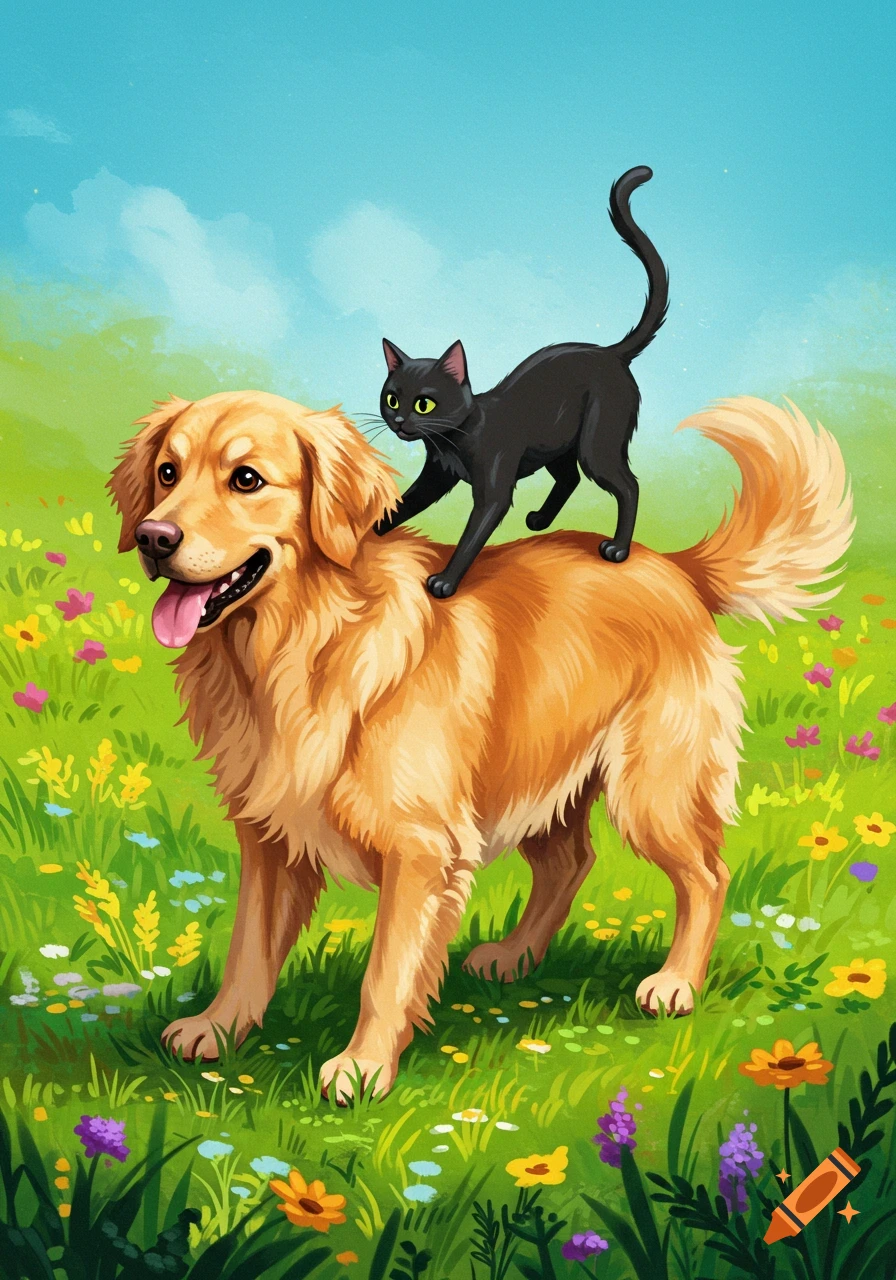 A golden retriever with a black cat standing on its back in a field of colorful flowers, illustration style.