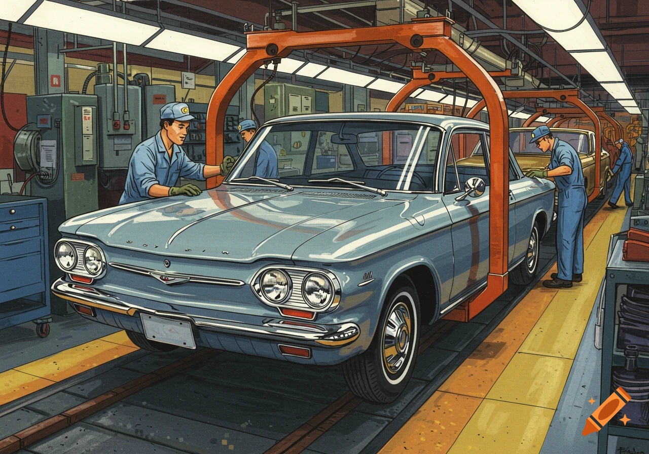 Vintage illustration of a 1962 Chevy Corvair on an assembly line in a colorful factory with workers.