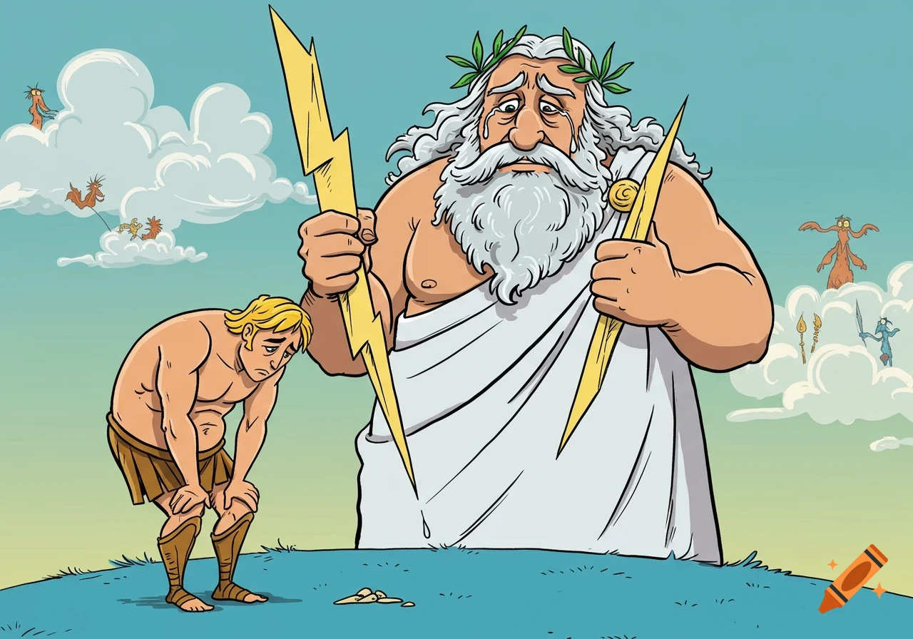 Cartoon illustration of a large sad Zeus looking down at a small sad Achilles, with strange creatures in the clouds.