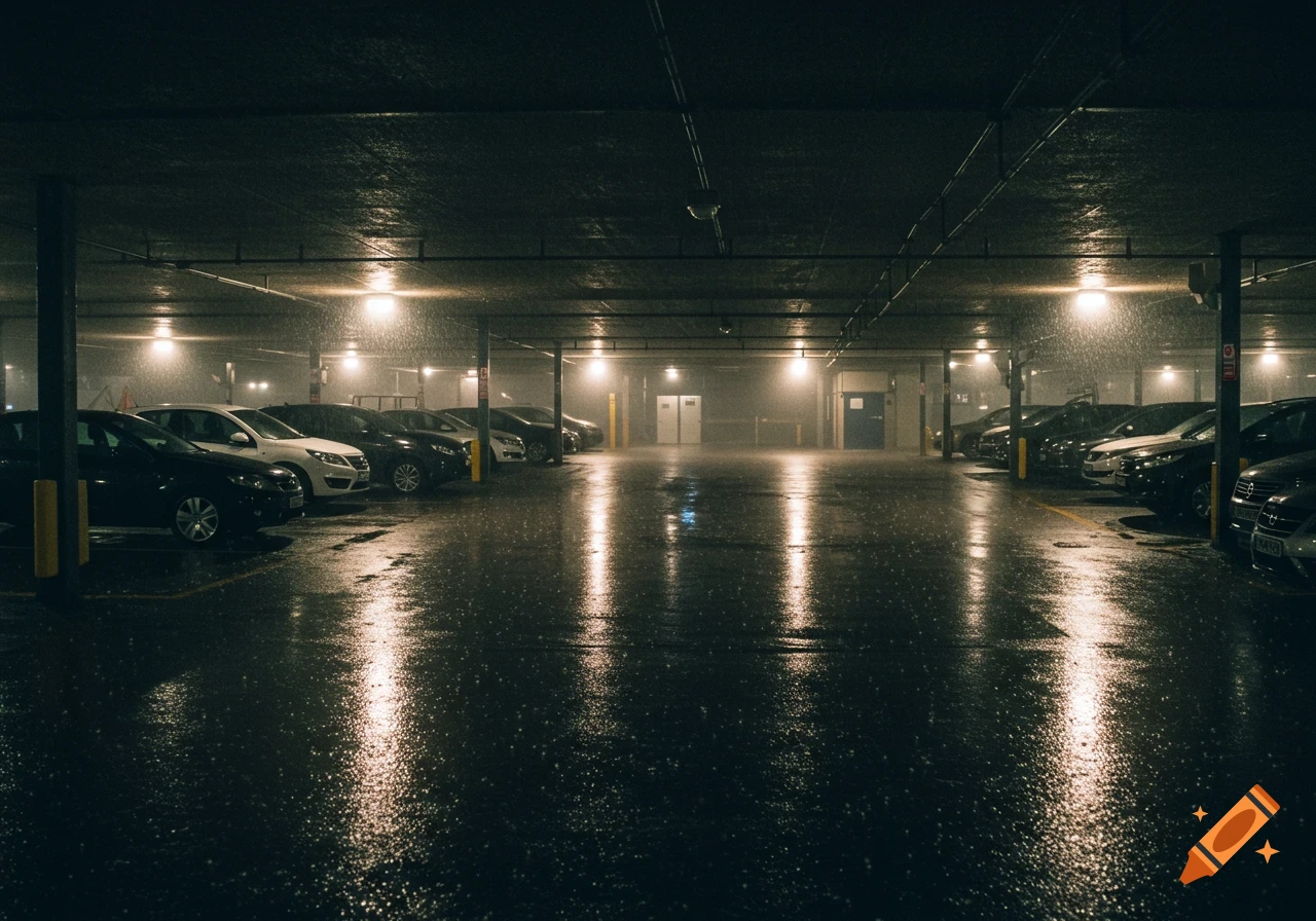 Interior view of a parking garage on a rainy night, with wet floors reflecting lights and parked cars.