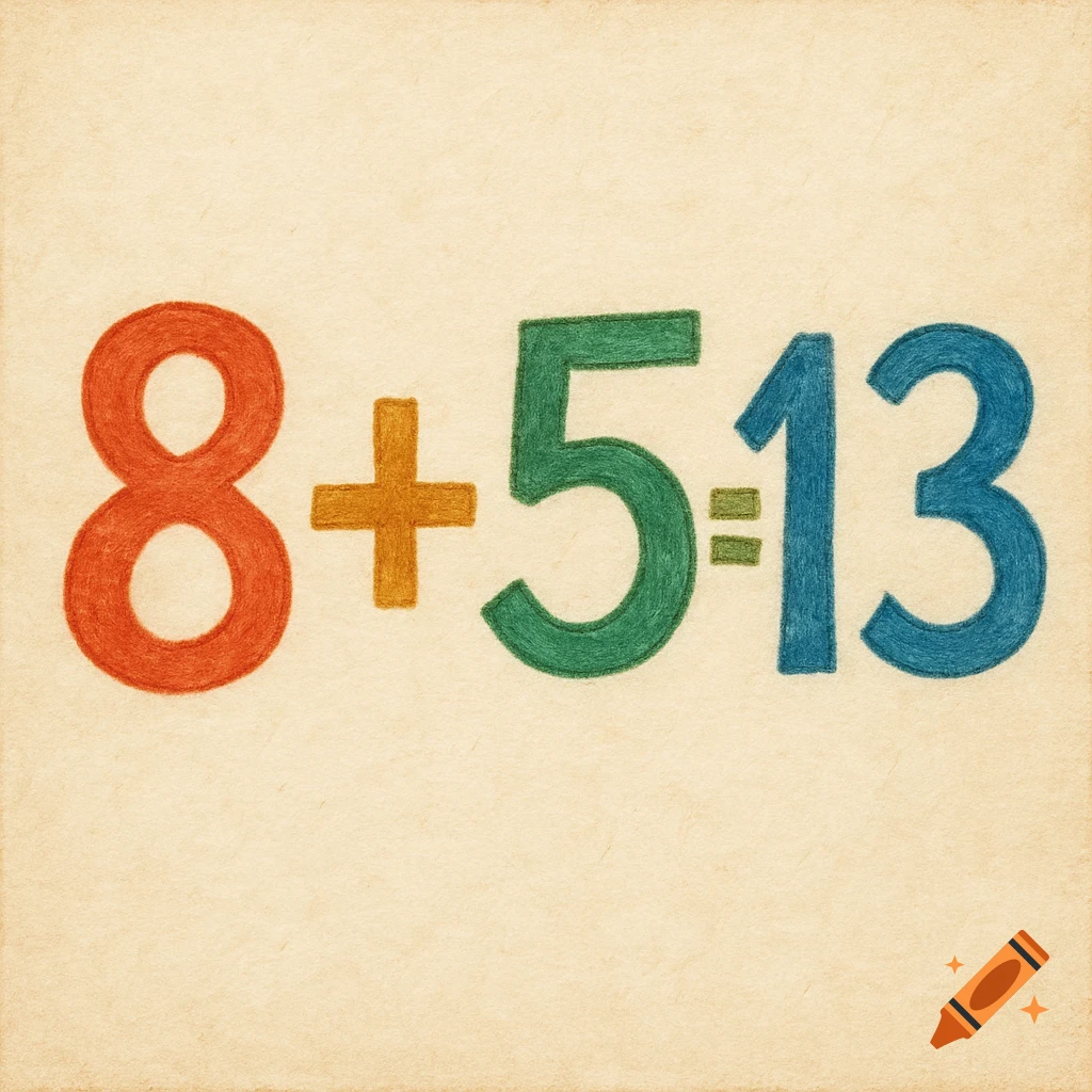 The equation 8+5=13 in red, orange, green, and blue colored pencils on textured paper.