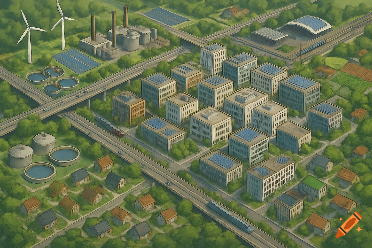 Overhead illustration of an eco-friendly city with residential, commercial, industrial areas, transportation, wind turbines, and solar.