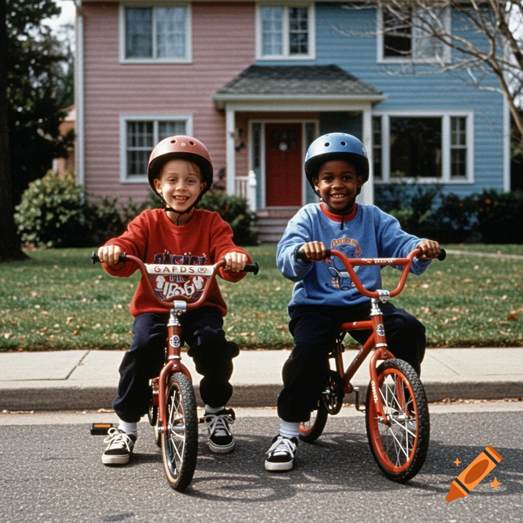 Two young boys smiling on red bikes in front of a house, resembling a movie scene.