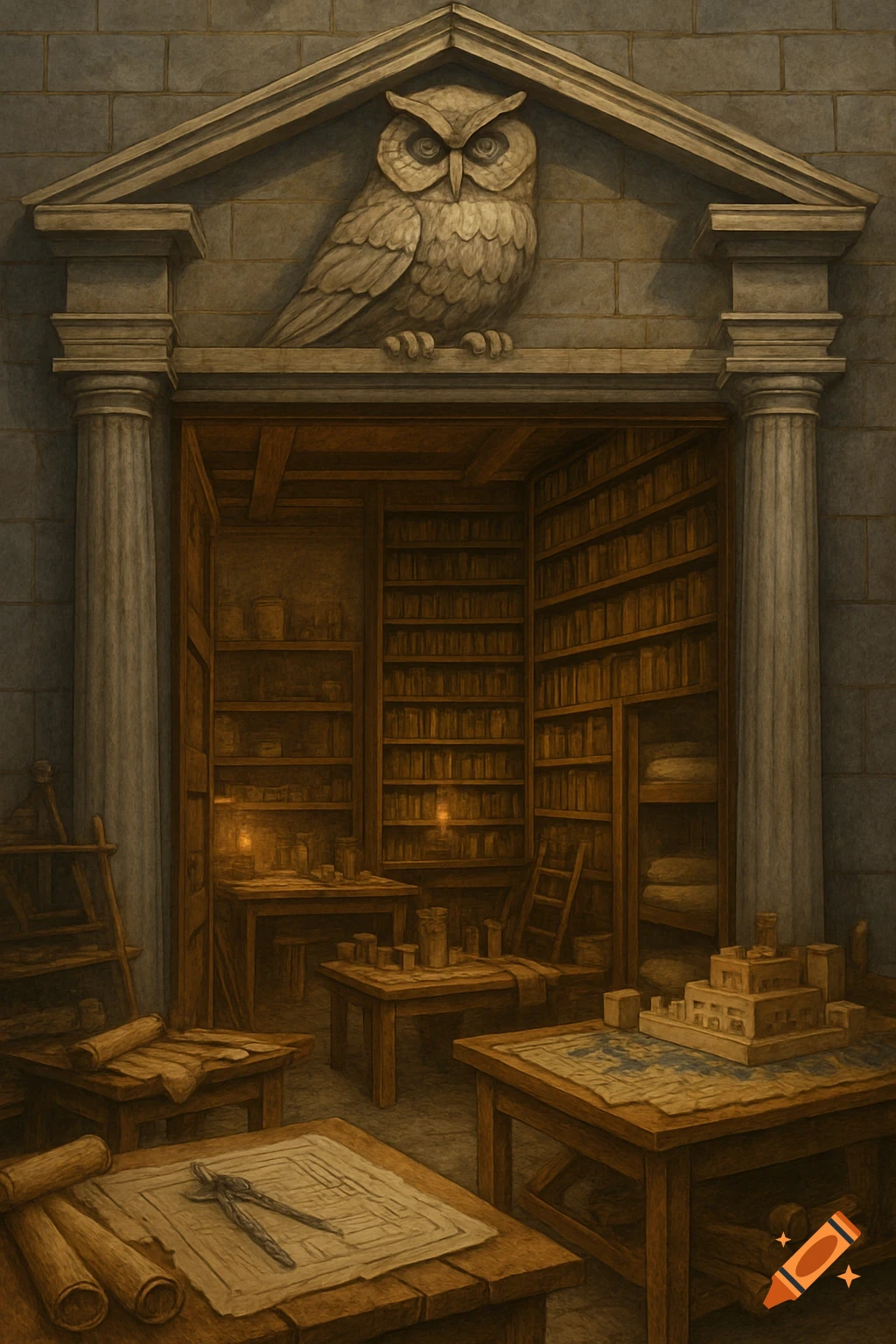 A classical building entrance with a carved owl above, opening into a cluttered library and workshop filled with books, tables, and scrolls.