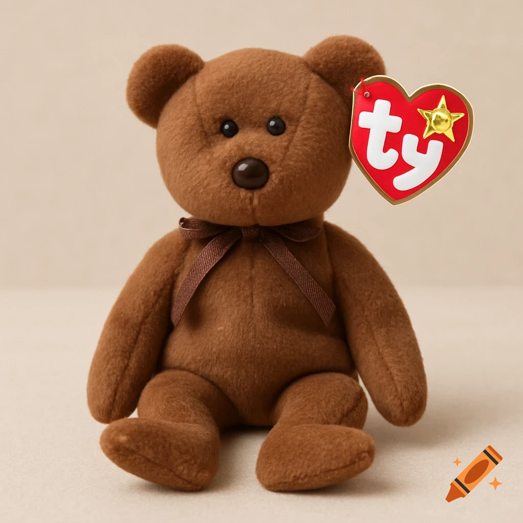 A brown teddy bear sits with a red heart tag and brown ribbon bow.