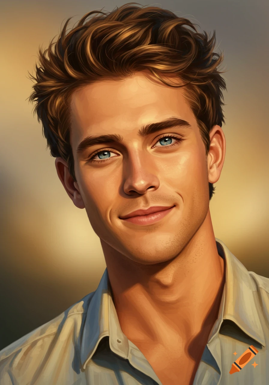 Close-up portrait of a handsome man with brown hair and blue eyes