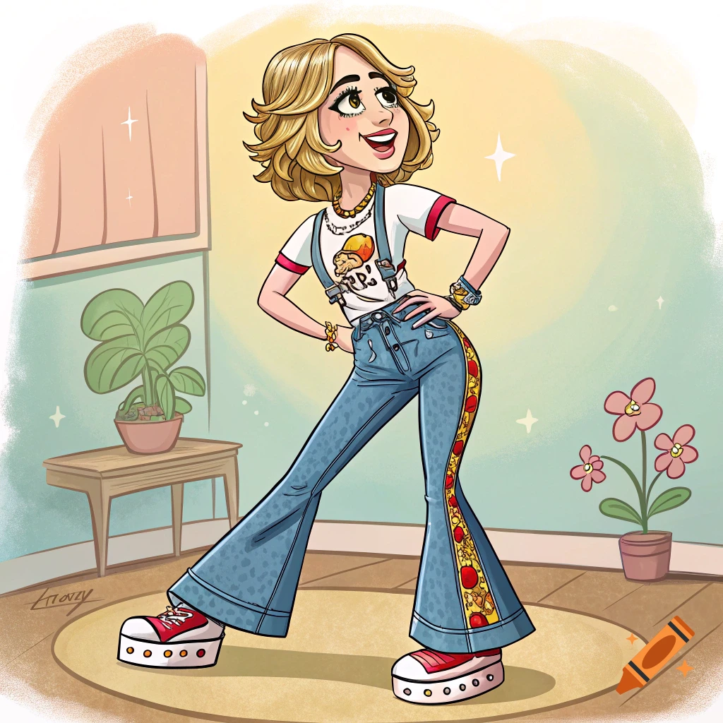 Cartoon woman in 1970s flared jeans and t-shirt posing in a room.
