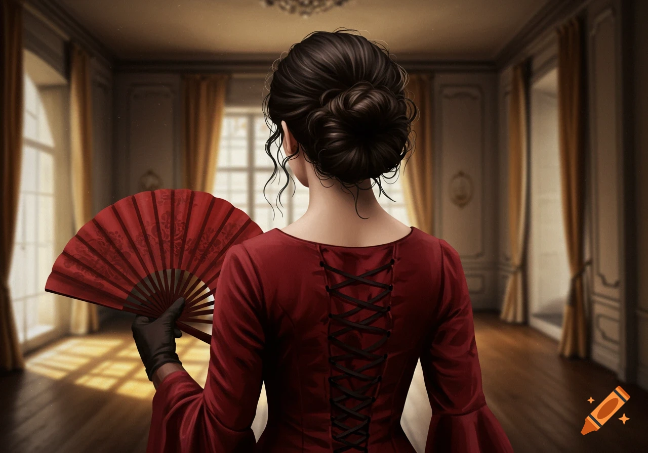 A woman in a red dress with a fan stands in a ballroom, viewed from behind.