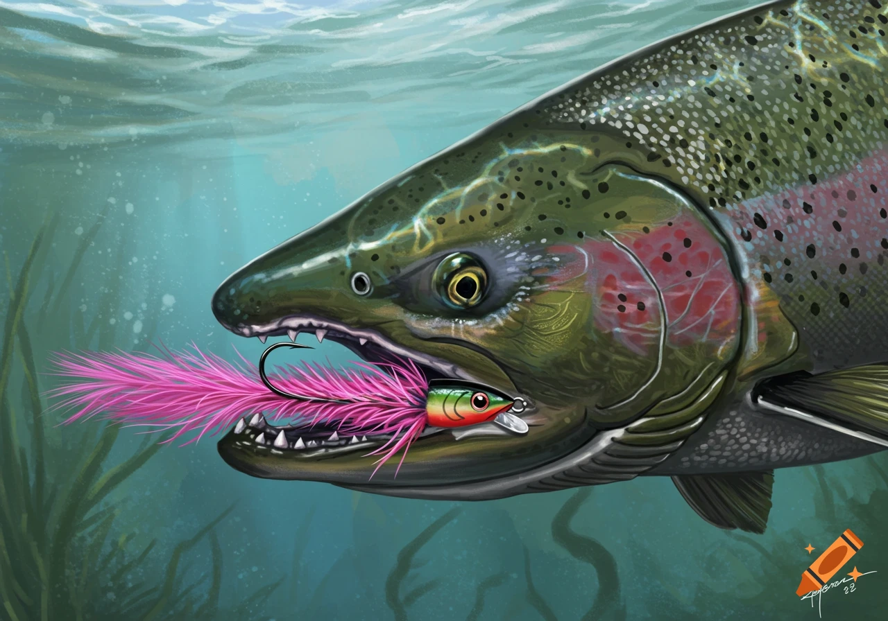 Illustration of a large salmon biting a pink fishing lure underwater