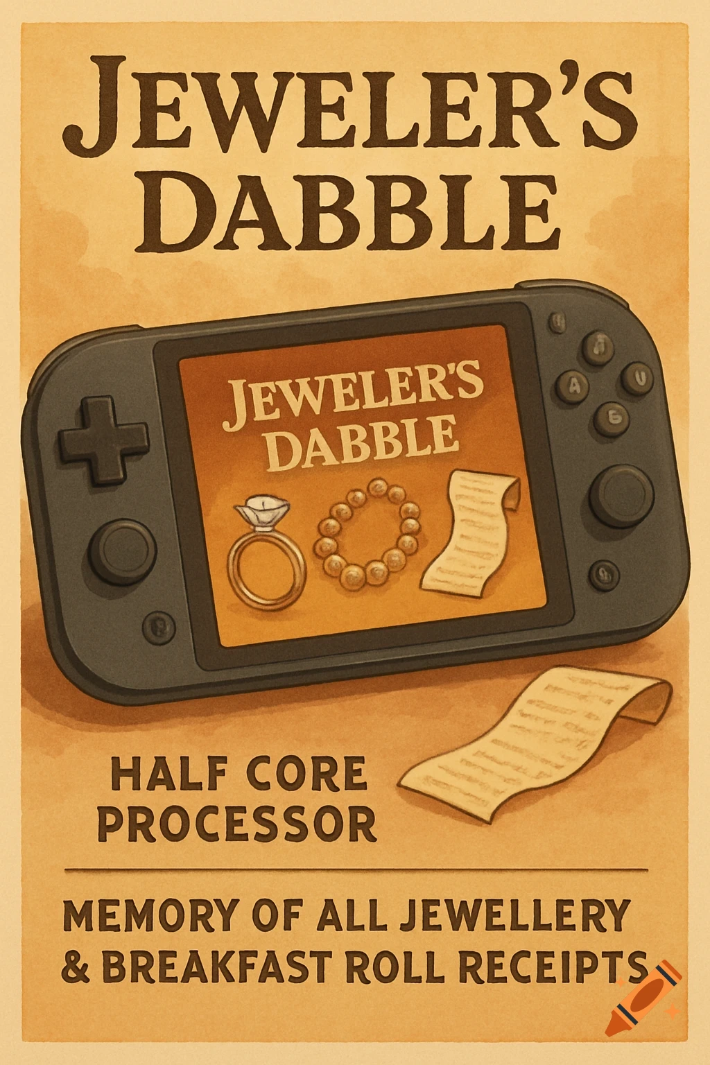 Vintage-style poster for a fictional gaming handheld called Jeweler's Dabble, showing text and screen graphics.
