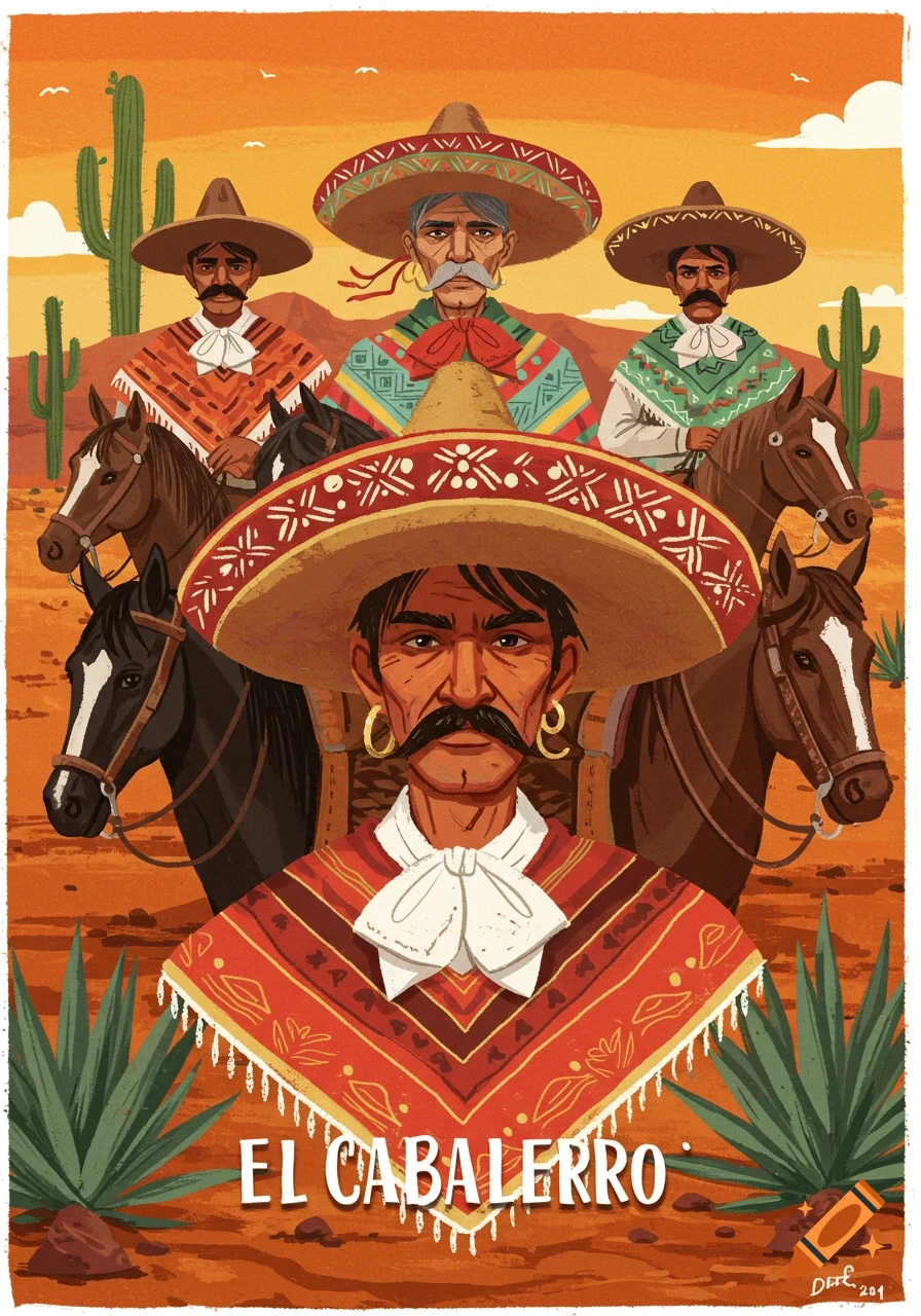 Illustration of Mexican cowboys on horses in a desert landscape.