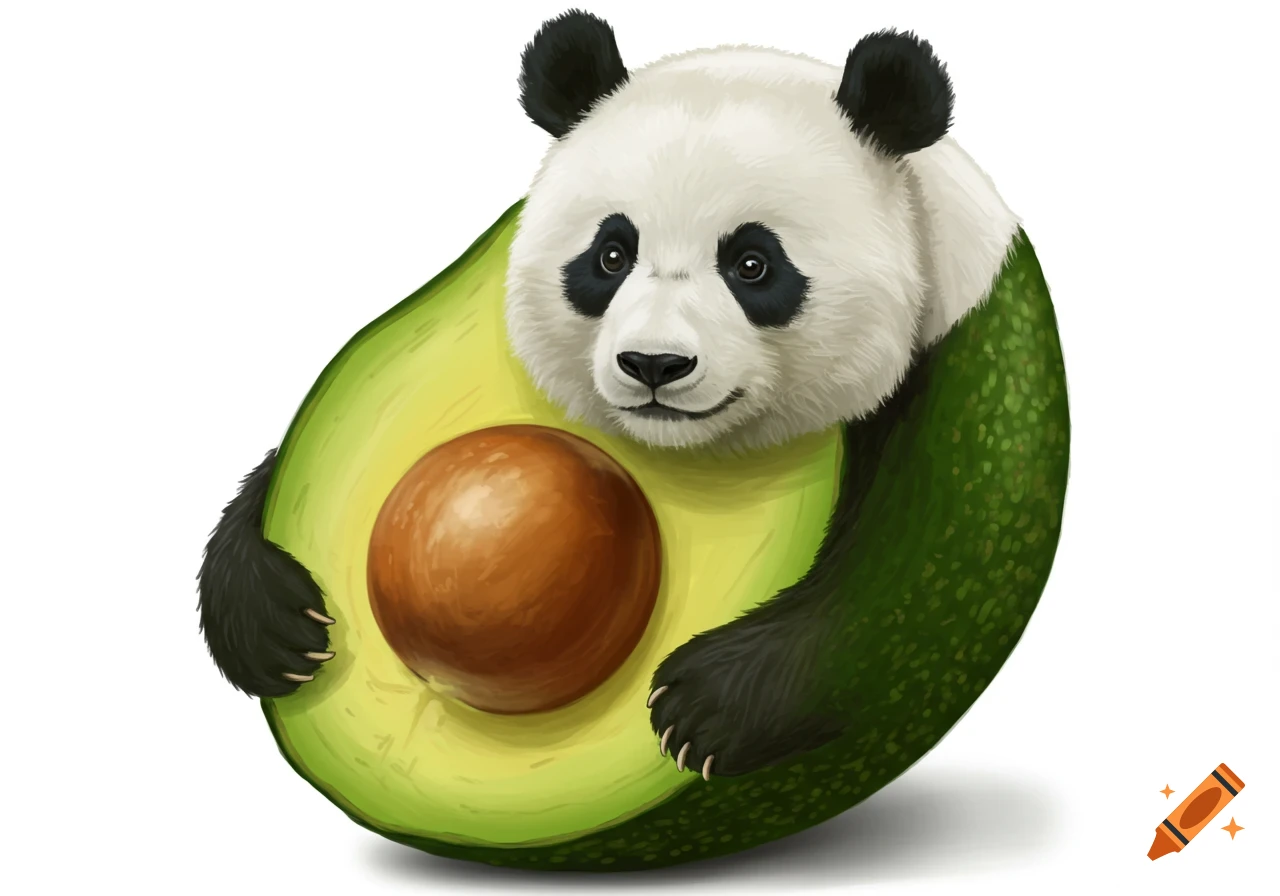 Illustration of a cute panda bear character hugging an avocado half.