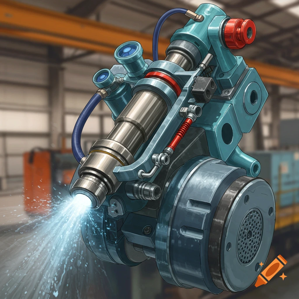 Close-up of a blue and silver high-pressure mechanism spraying water in an industrial setting.