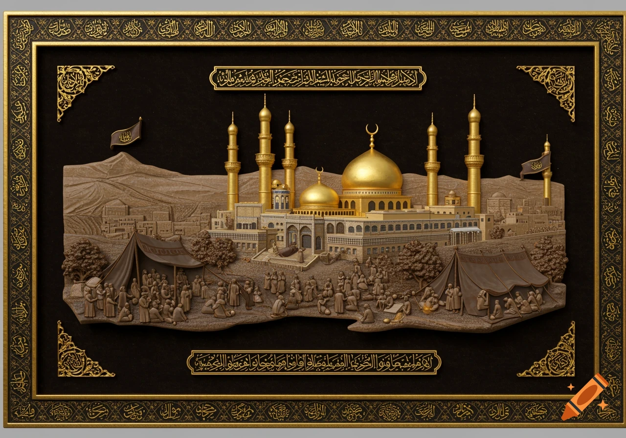 3D relief sculpture depicting a mosque and gathering of people, framed with gold decorative elements.