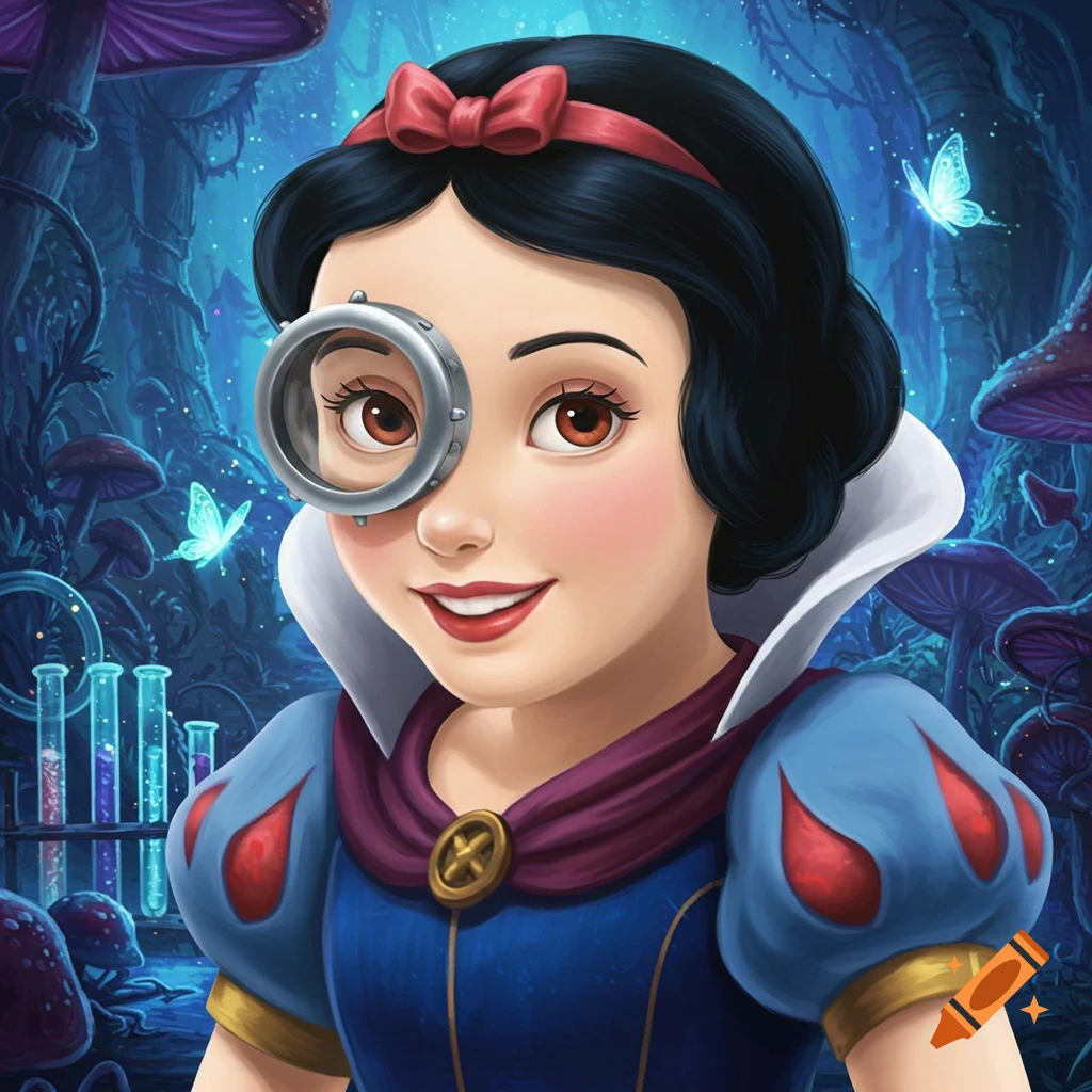 Snow White character illustration in a fantasy forest with test tubes.
