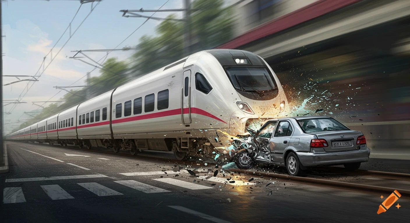 A high-speed train collides with a silver car at a railroad crossing, with debris flying.
