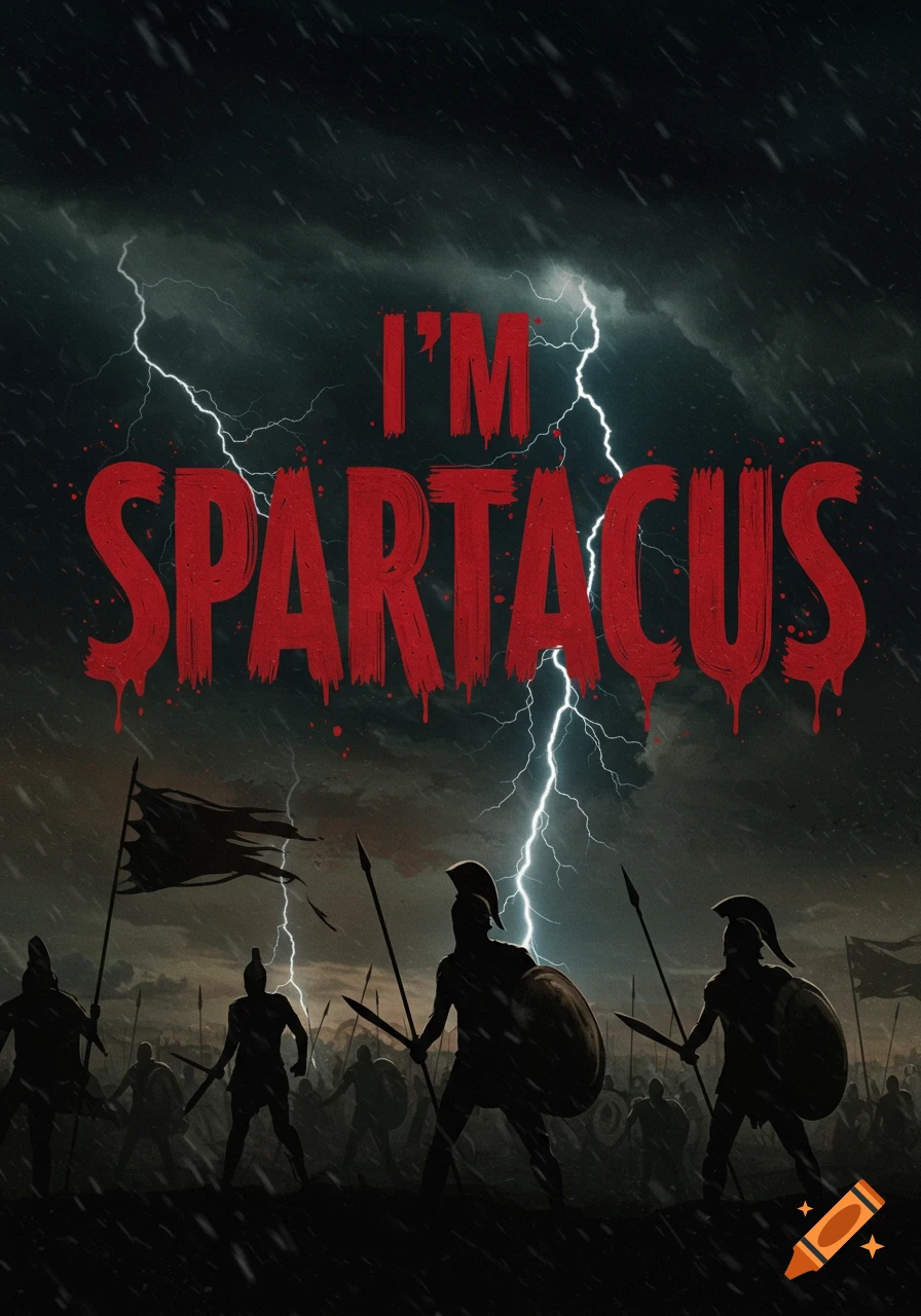 Silhouetted Spartan warriors stand under a stormy sky with lightning and large red text "I'M SPARTACUS".