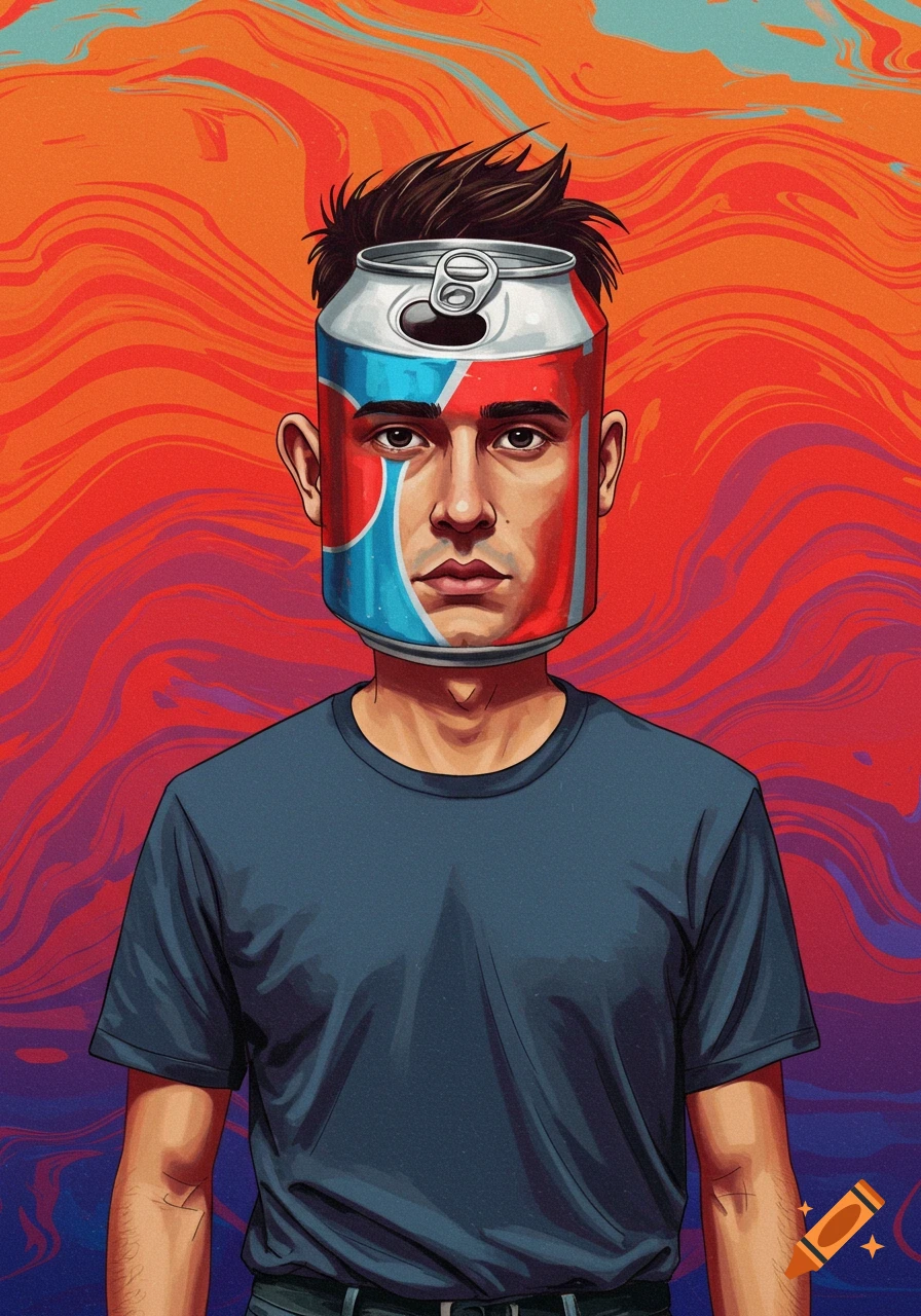 Illustration of a man with a Pepsi can covering his head, integrated with his face, against a colorful abstract background.