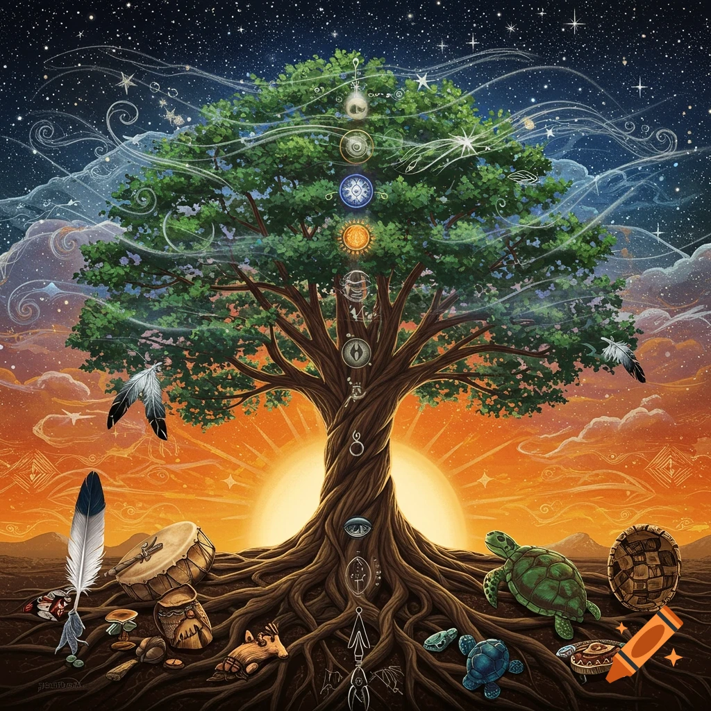 A large tree with roots wrapping around items, symbols on its trunk ...