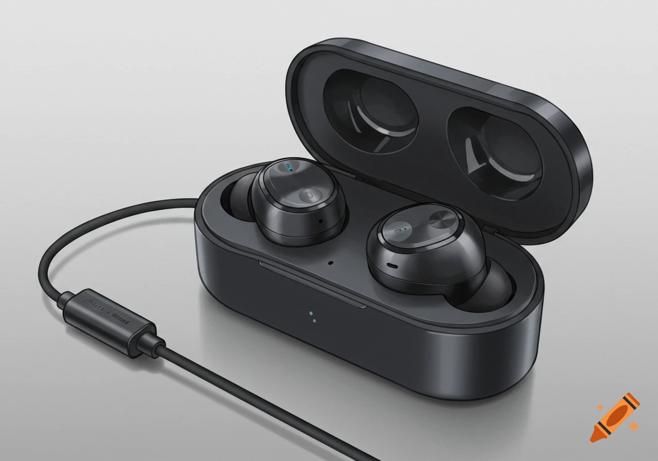 Black wireless earbuds in case with charging cable.