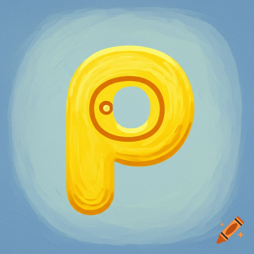 A yellow lowercase p with orange circles inside, on a blue painted background.
