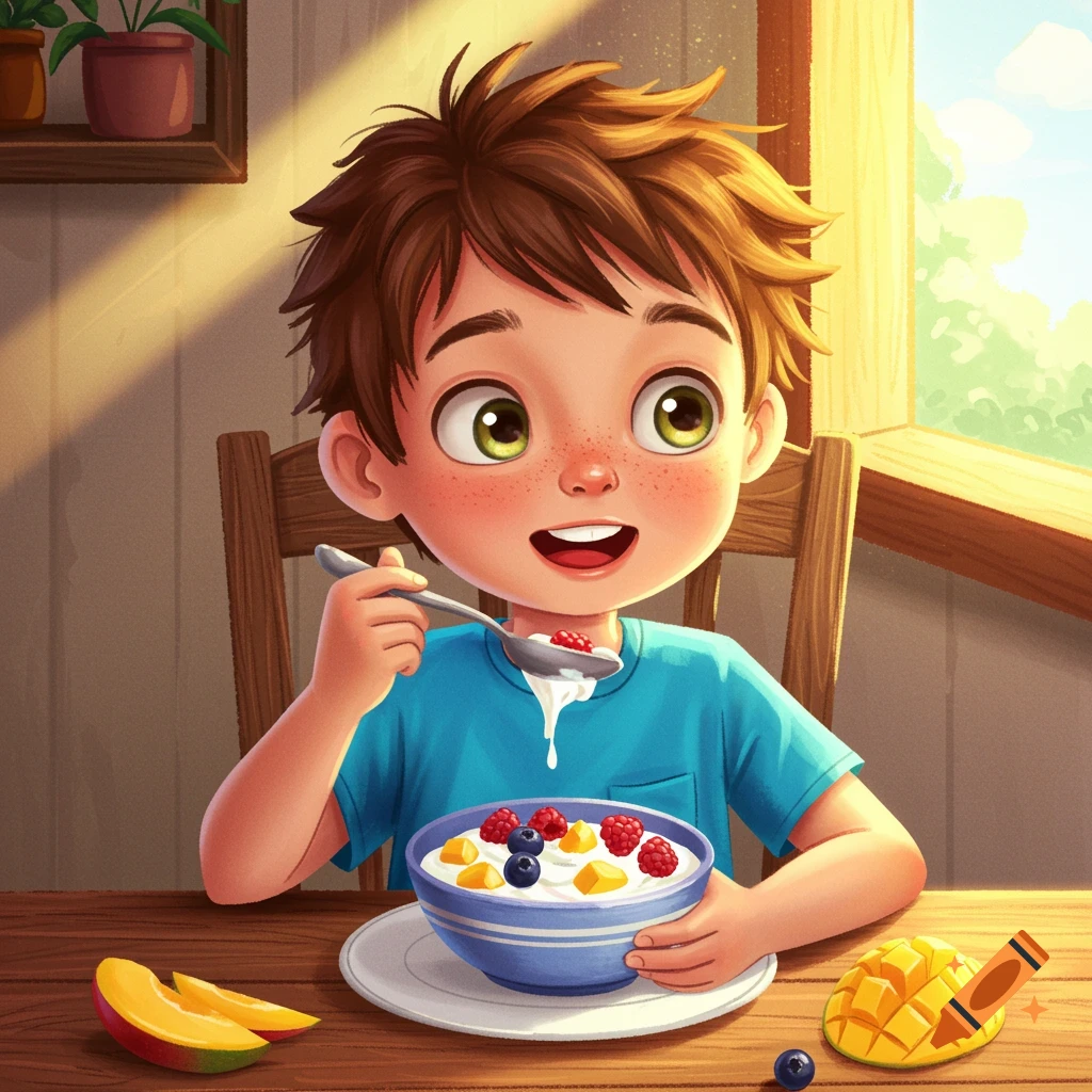 Cartoon boy with freckles eating yogurt and fruit for breakfast.