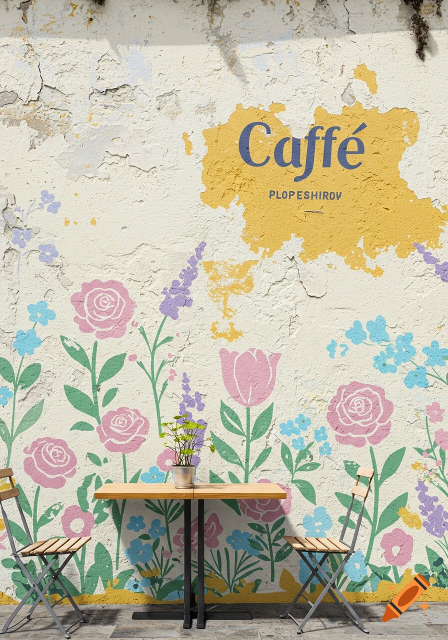 A weathered wall with painted flowers and text 'Caffé' above a table and chairs outside