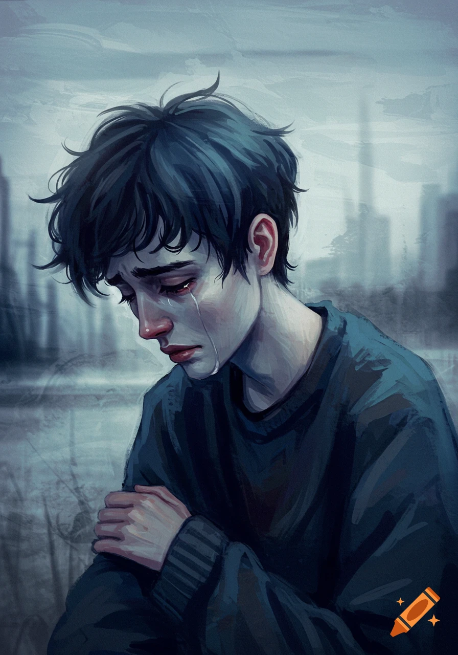 Illustration of a person crying, with dark hair and blue sweater.