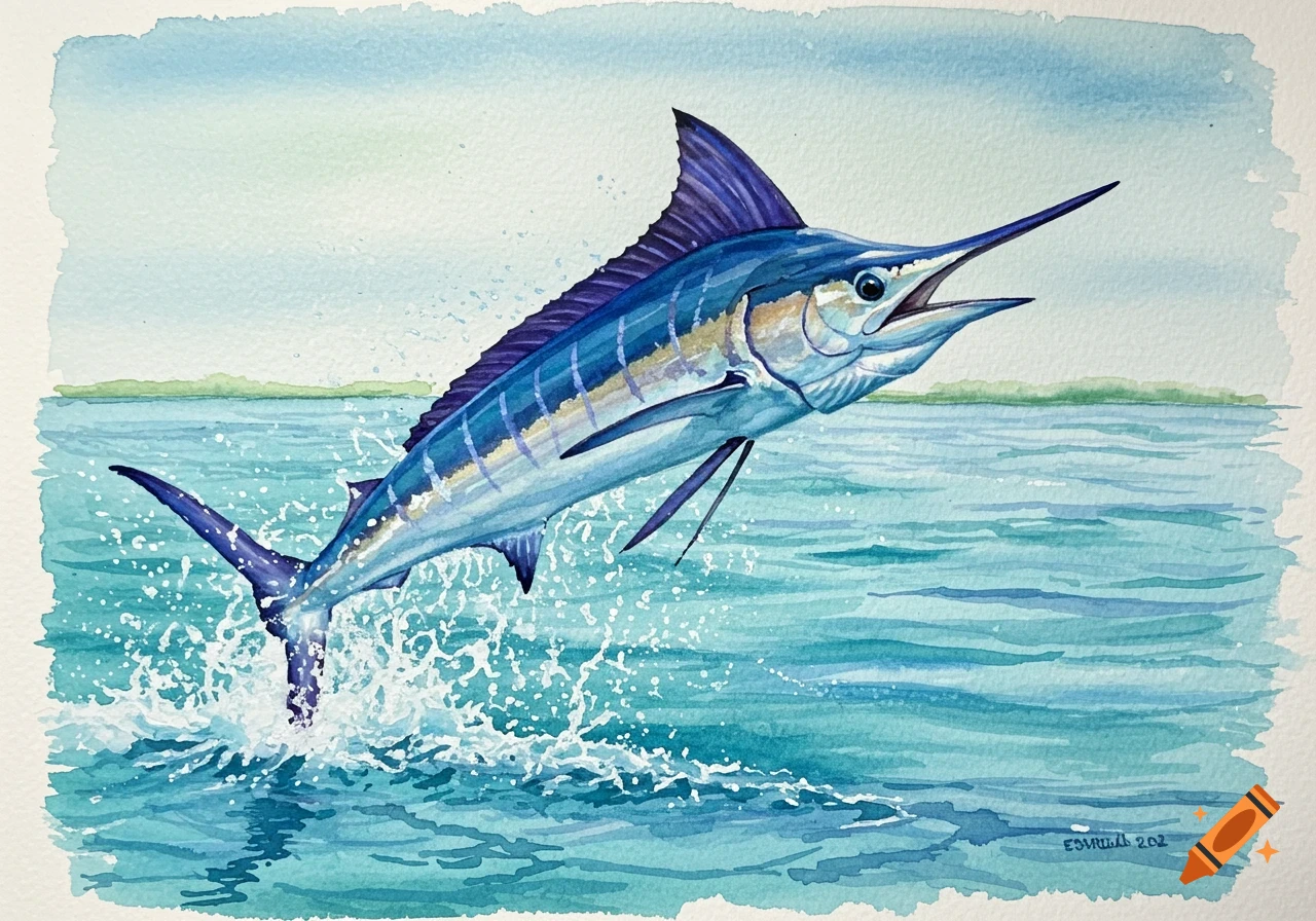 Blue marlin fish jumping out of the ocean in a watercolor painting.
