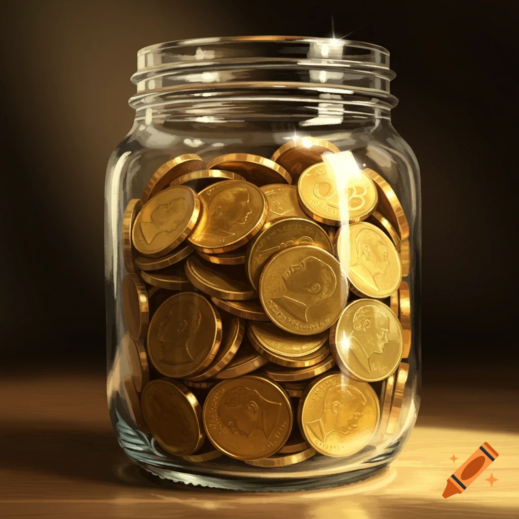 A glass jar filled with shiny gold coins, illuminated from the side.