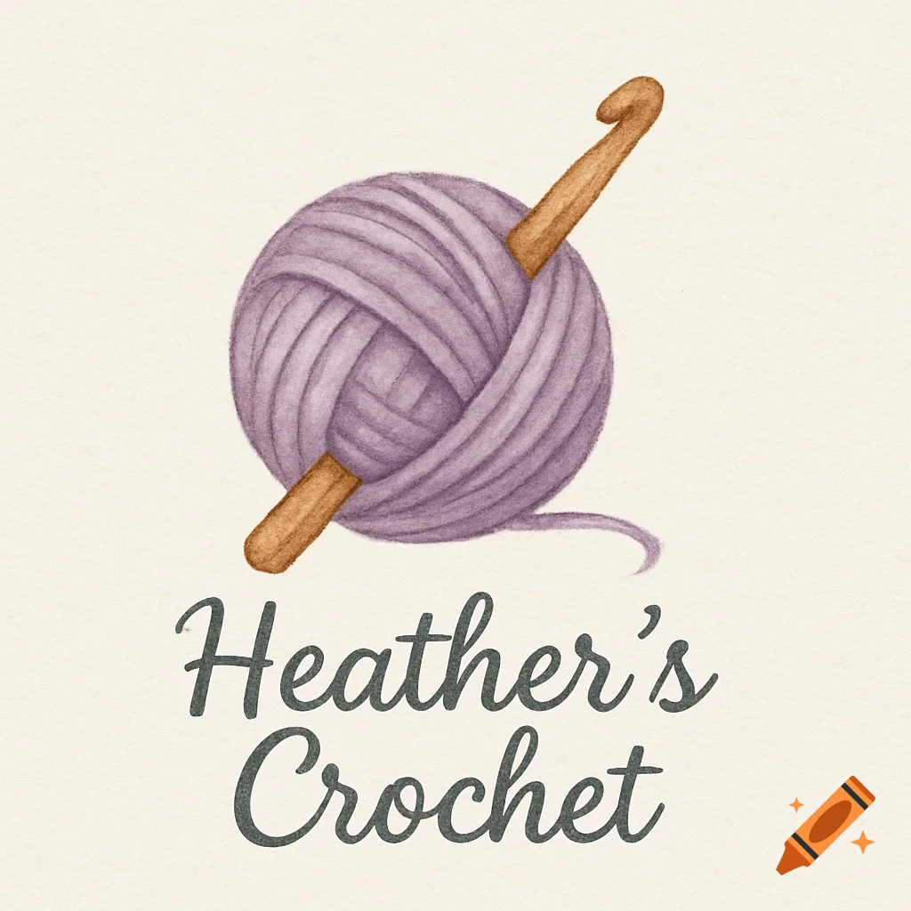 Watercolor logo featuring a ball of purple yarn with a crochet hook through it, above the text 'Heather's Crochet'.