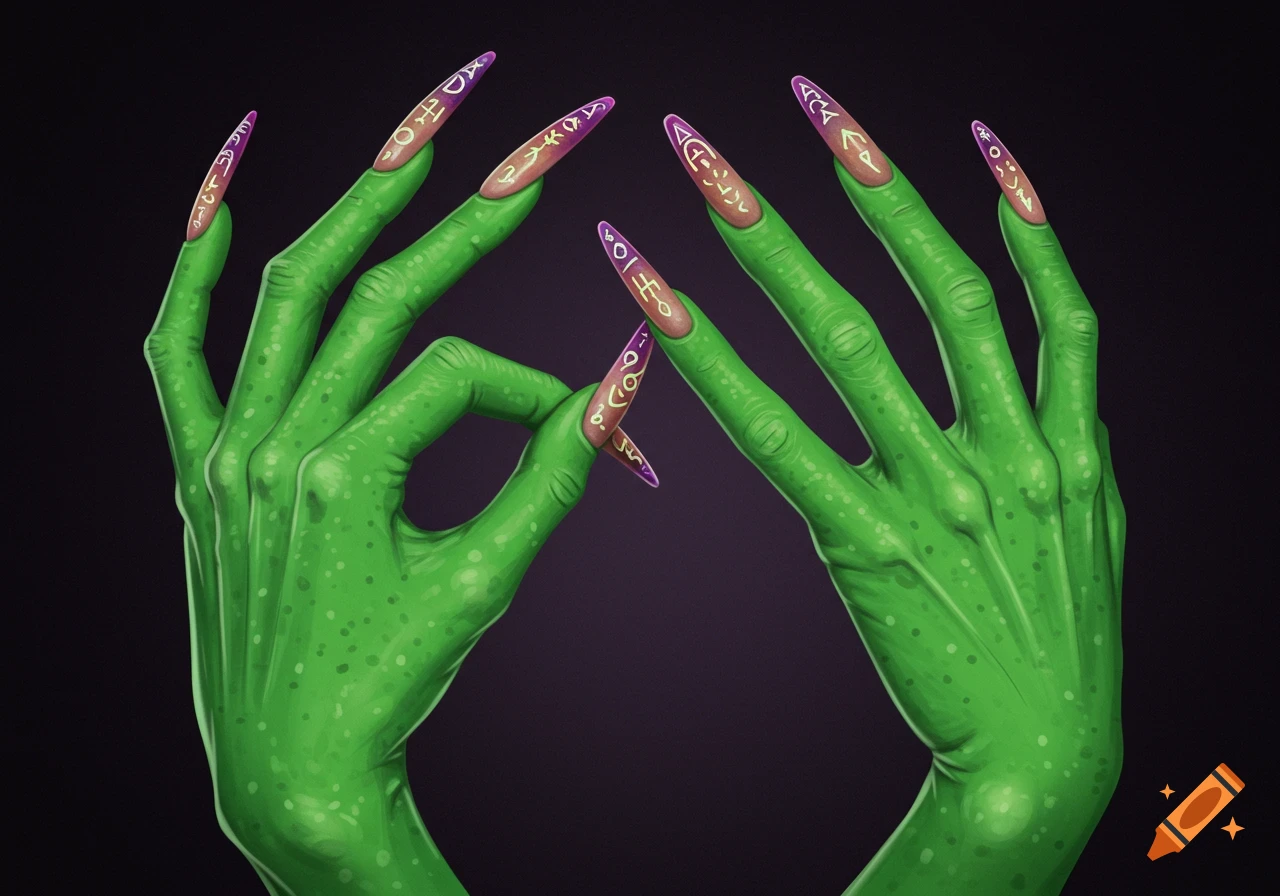 Green alien hands with long, decorated fingernails on a dark background.