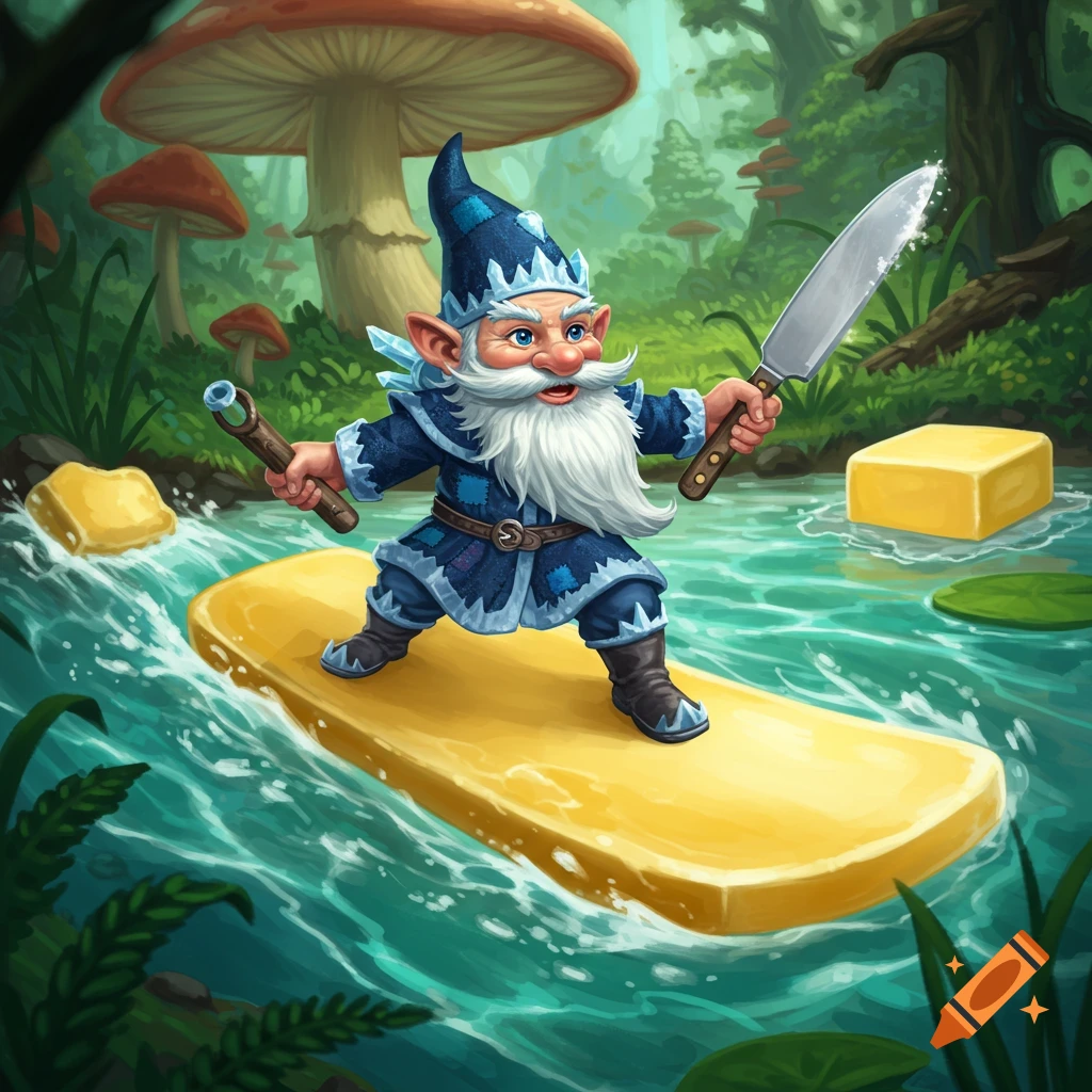 Cartoon gnome surfing on a stick of butter with a knife in a fantasy forest.