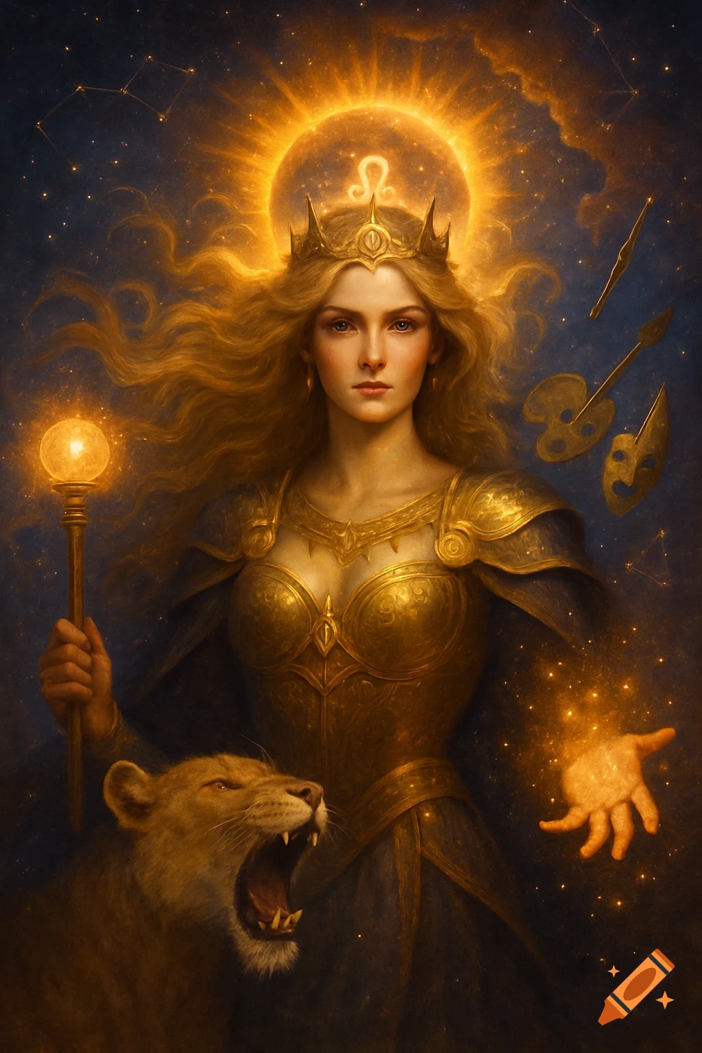 Regal woman in golden armor with a lion, representing Leo, against a cosmic background with stars and a sun.