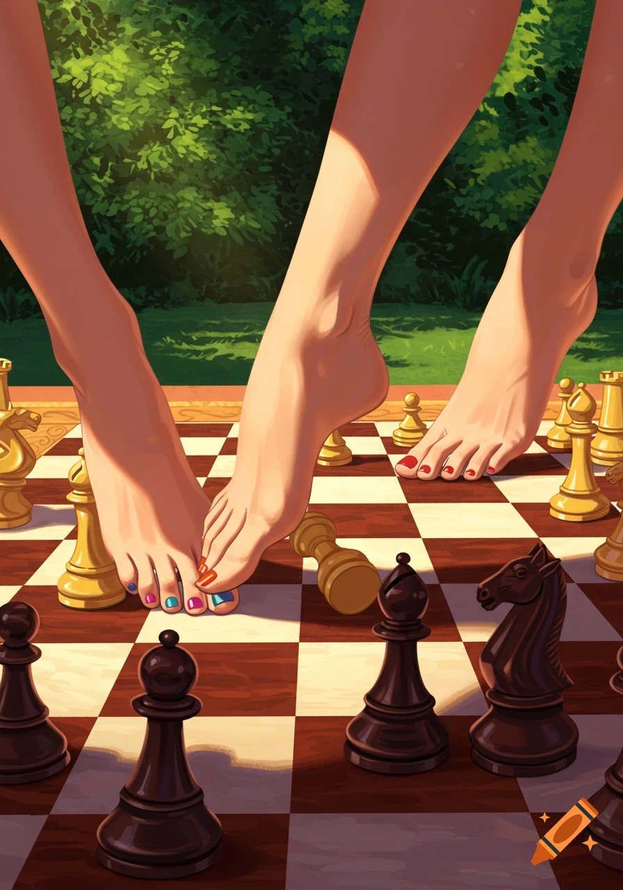 Illustrative image of women's feet on a chessboard in a sunny garden setting