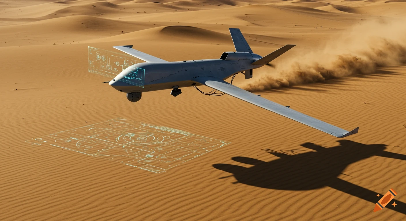 Military drone with holographic displays flying over a sandy desert landscape.