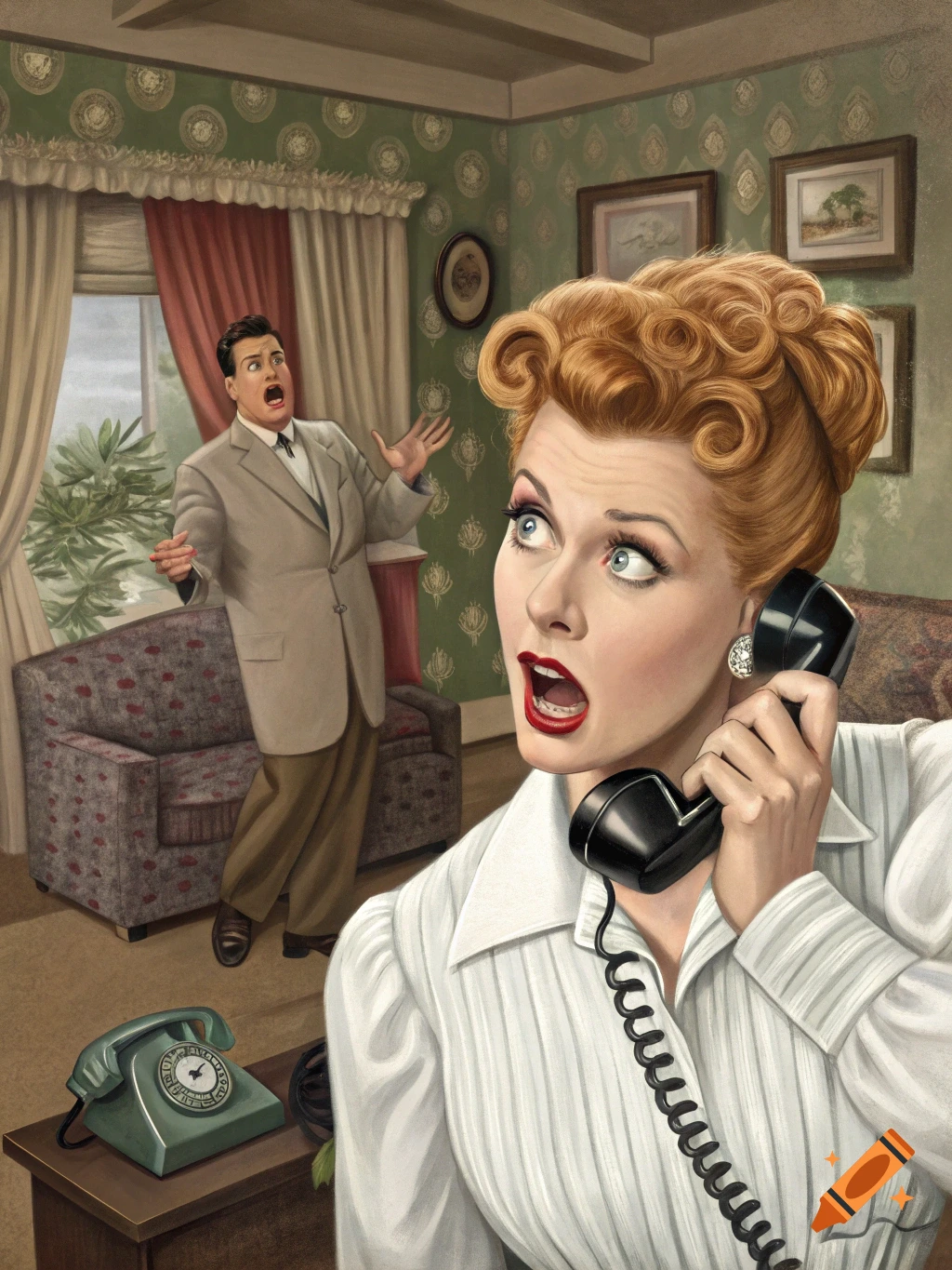 Illustration of a woman on a phone looking shocked, with a man behind her in a retro room reacting dramatically.