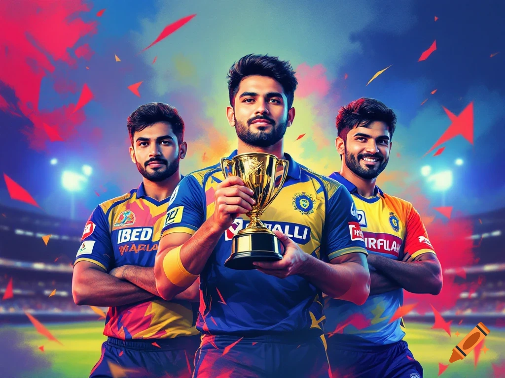 Three men in cricket uniforms holding a trophy in a stadium with confetti.